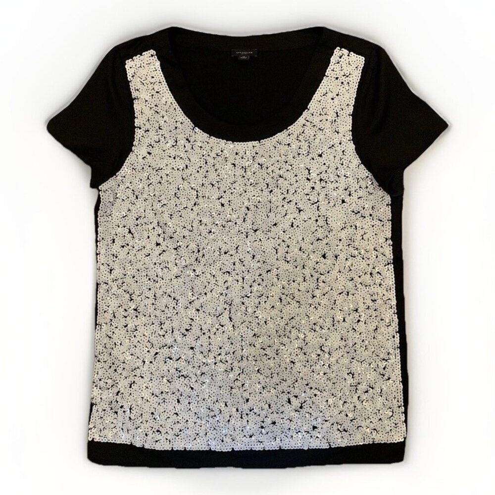 Ann Taylor Women’s Sequin Top Size M Gray Black Lined Short Sleeves Stretch GUC